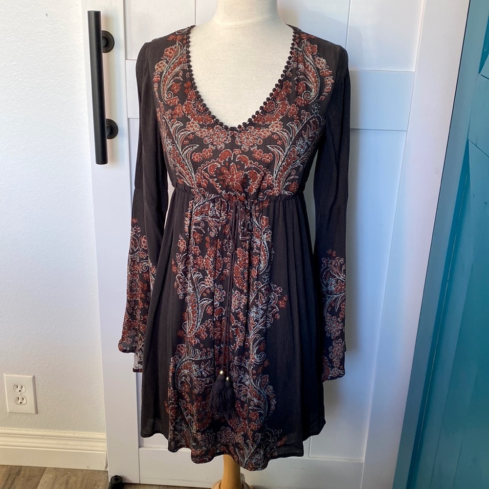 Bohemian Paisley Bell Sleeve Mini Dress